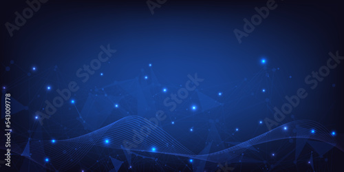 Abstract digital technology dynamic fluid wave on low poly background. Blue wireframe element with light effect data visualization vector illustration.