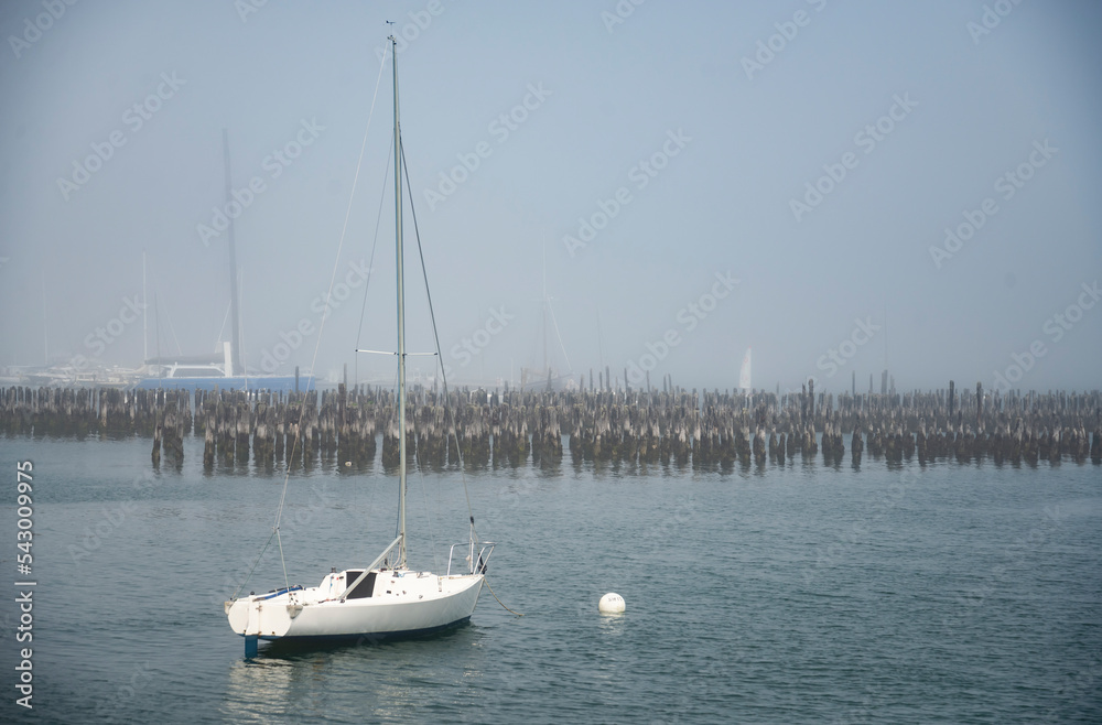 Portland Harbor in Maine, Sailboats during a foggy day