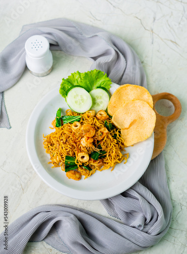 indonesian fried noodles with seafood, or called mie goreng.