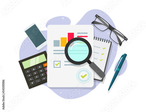 Accounting business irs internal audit analysis vector table desk or seo statistic market sales research inspection flat lay, quality study chart or financial budget review report, company investment