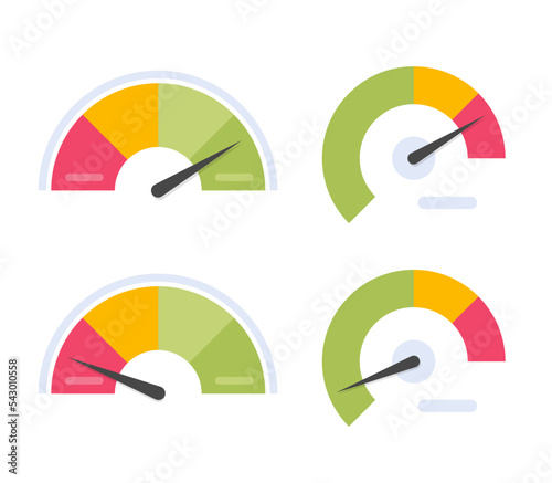 Gauge power level indicator vector icon or speedometer credit score dashboard measure high and low bad or good benchmark graphic color flat design, barometer speedometer ui element set image clipart