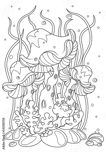 Fairy mushrooms under water in aquifers. Vector illustration of children s coloring book