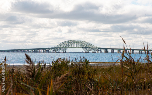 Looking over beach grass and reed at the Great South Bay Bridges from Gardiners PArk photo