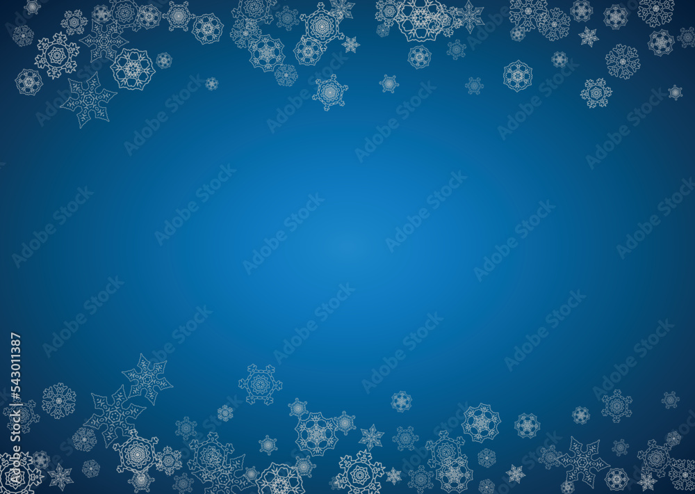 New year background with silver frosty snowflakes. Horizontal backdrop. Stylish new year background for holiday banner, card. Falling snow with sparkles and flakes for season special offers and sales.