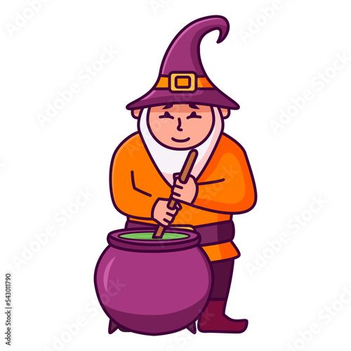 Witch cauldron.Halloween magic pot with green potion.Gnome magical character with a long gray beard.Cartoon wizard.Elderly sorcerer brew .Halloween dwarf.Vector flat illustration.