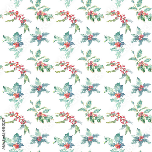 Watercolor Christmas Seamless pattern. Holiday design paper with winter flower poinsettia,holly berry,winter forest, flora lillustration.Botanical wallpaper for greeting card, invitation,poster, flyer