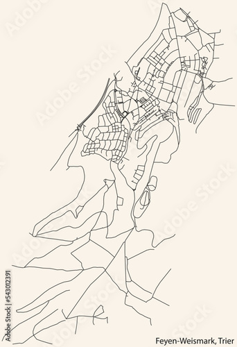 Detailed navigation black lines urban street roads map of the FEYEN-WEISMARK MUNICIPALITY of the German regional capital city of Trier, Germany on vintage beige background