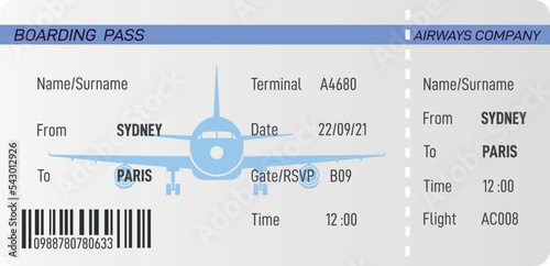 Plane ticket template. Realsitic airline boarding pass