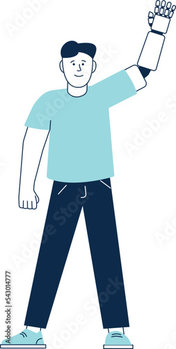 Man waving prosthetic hand. Smiling person with amputated arm