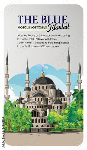 The Blue Mosque. Ottoman era mosque. Drawing vector color design.