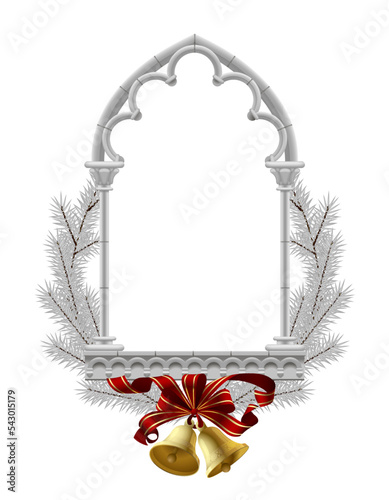 White Classic Gothic frame framed by spruce branches with gold bells and red ribbon isolated on white. Vector illustration