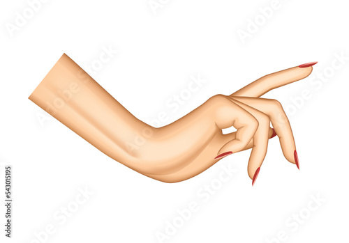 Female pointing hand isolated on white. Index finger of woman