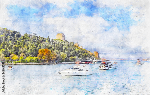 Boats in front of Rumeli Hisarı Castle in the Bosphorus . Watercolor sketch work . photo