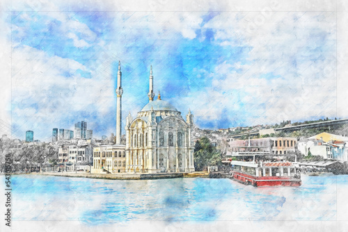 Ortakoy Mosque photo , beautiful sea view , Istanbul , watercolor sketch work .