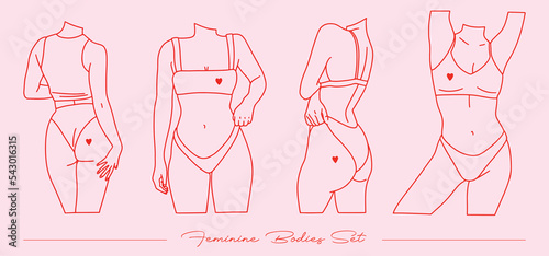 Set of illustrations of different female bodies, red on pink background. Body positive, shapes, different postures. Self Love Club. Vector illustration.