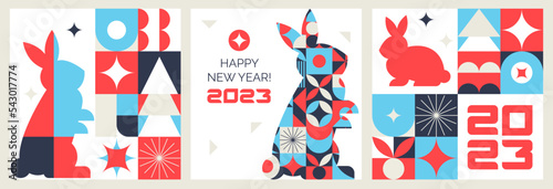 A set of geometric postcards. Happy New Year. The year of the rabbit. The Chinese zodiac. Asian holiday.