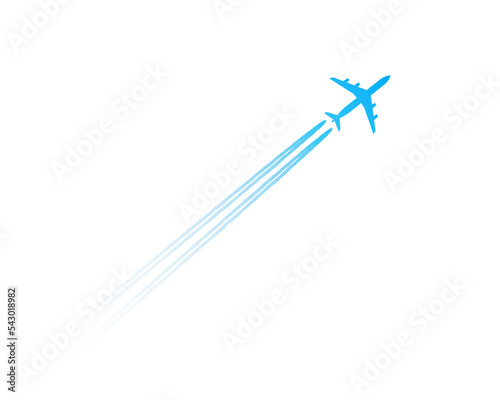 The white plane flies against the blue sky, leaving a white trail. PNG © siaminka