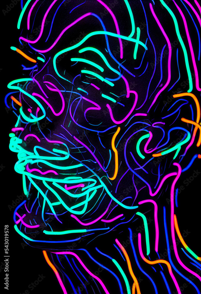 An alarming looking zombie or dead person in neon or brightly colored light tubing. Future trendy and colorful decor on a black background. Gothic and modern style.