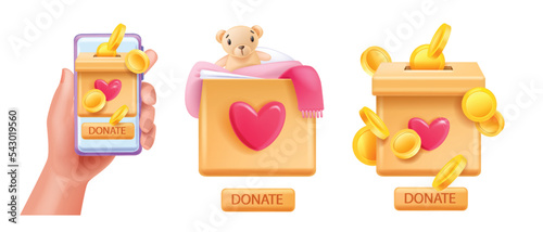 3D donate box, vector charity love badge, heart, button, bear, vector smartphone app concept, hand. Person support clothes donation fundraising clipart, investor human care. Donate box illustration