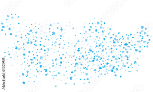 Snowflakes of different sizes and different transparency are randomly scattered over a transparent background. Winter png background, pattern, design.