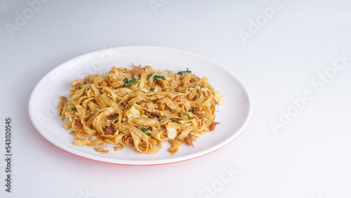 Kwetiaw or Kwetiau is Chinese food which is popular in Indonesia. Served in white plate, selective focus. photo