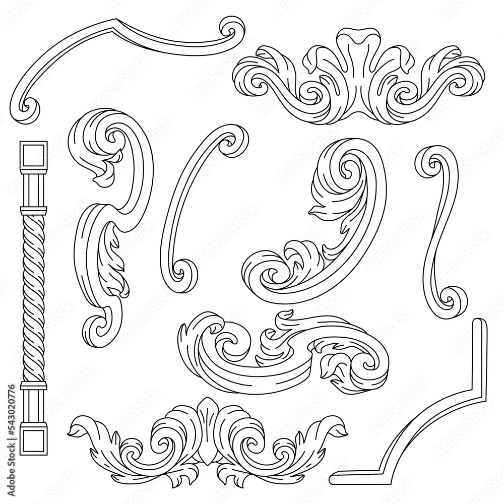 Fototapeta premium Decorative set of floral elements in baroque style. Engraved black curling plant.