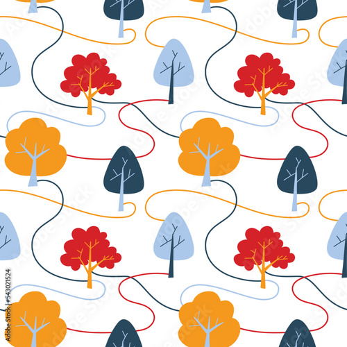 Vector pattern with cute Scandinavian multicolored trees in the style of doodle, hugge