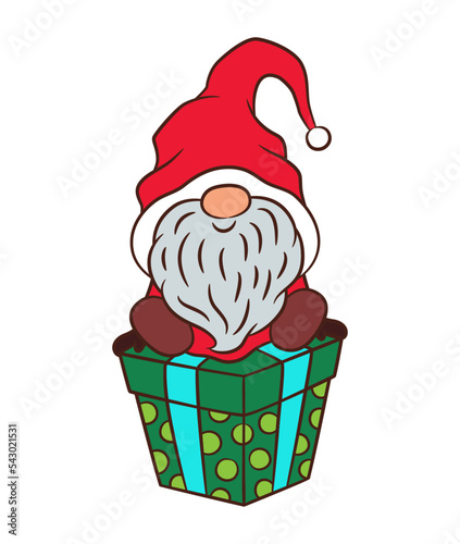 Cute Christmas gnome sitting on gift box. Cartoon Scandinavian gnome Tomte character festive illustration. Little gnomie doodle. Traditional red green Xmas colors. Fun nordic dwarf outline drawing.