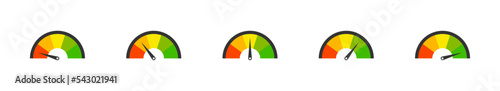 Speedometer, performance measurement flat icons set. Tachometer colored icon. Scale speed vector isolated illustration for web