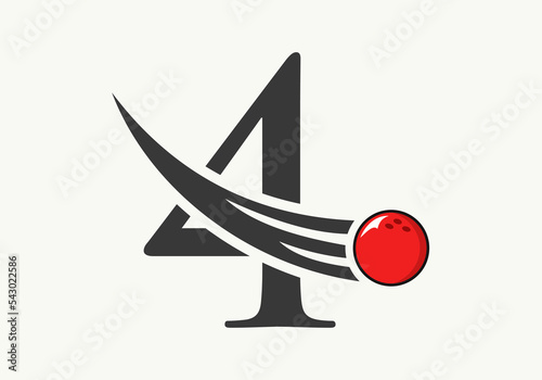 Letter 4 Bowling Logo. Bowling Ball Symbol With Moving Ball Vector Template