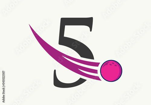Letter 5 Bowling Logo. Bowling Ball Symbol With Moving Ball Vector Template
