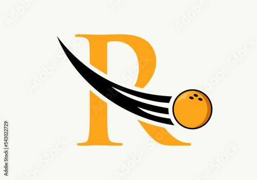 Letter R Bowling Logo. Bowling Ball Symbol With Moving Ball Vector Template