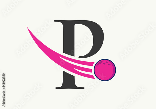 Letter P Bowling Logo. Bowling Ball Symbol With Moving Ball Vector Template