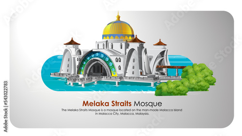 The Melaka Straits Mosque is a mosque in Malacca City, Malaysia. Vector drawing.