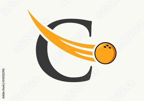 Letter C Bowling Logo. Bowling Ball Symbol With Moving Ball Vector Template