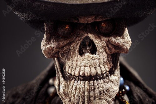 3D rendered computer generated image of Baron Samedi, the loa of the dead in Haitian Voodoo folklore. The head of the Gede family, this voodoo priest is a skeleton with hat and coat  photo