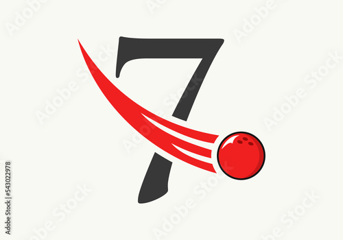 Letter 7 Bowling Logo. Bowling Ball Symbol With Moving Ball Vector Template
