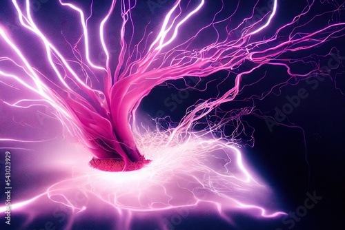 3D rendered computer generated image of a colorful pink electrical storm. Tornado vortex with bright electricity lightning storm background wallpaper