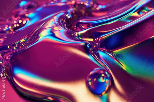 3D rendered computer generated image of a liquid metal rainbow. Bright and colorful polychromatic texture with metallic finish to look like metal paint splatters for a multi-colored 3D shaded look