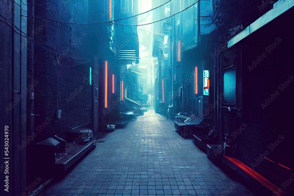 3D rendered computer generated image of a futuristic neo cyberpunk urban alleyway. Bright blue light in empty alley with no people. Inner city buildings and modern architecture look and feel - obrazy, fototapety, plakaty 