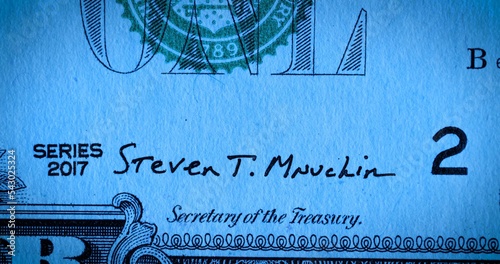 Фотография Front side of a one dollar bill bearing the signature of the secretary of the treasury and the bill series