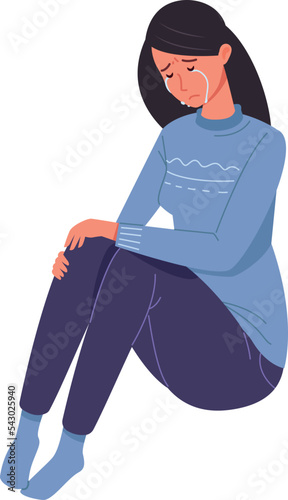 Sad woman sitting and crying tears. Unhappy person