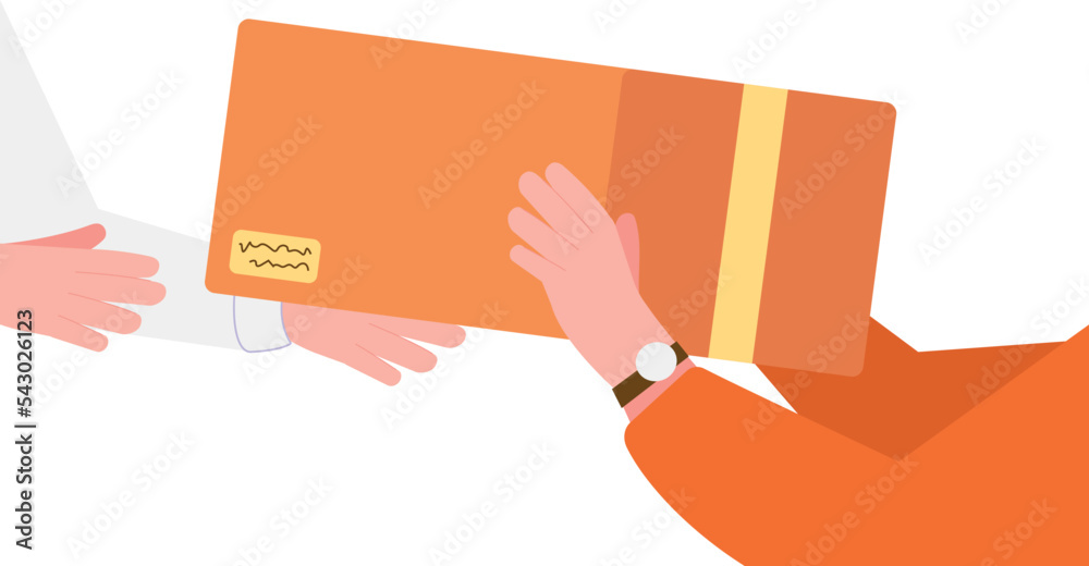 Obraz premium Hands receiving cardboard box. Delivery parcel to customer