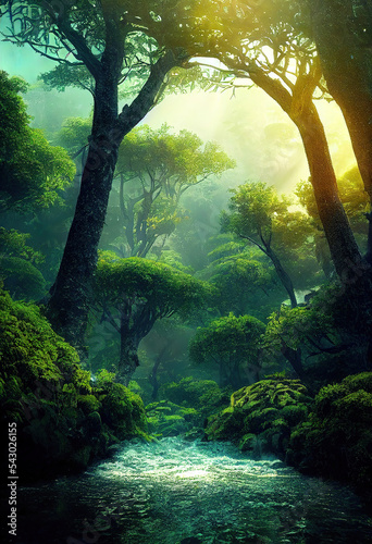 Fantasy dreamy misty forest  forest in the garden of Eden