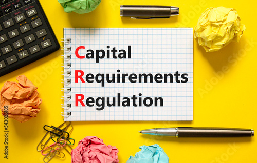 CRR capital requirements regulation symbol. Concept words CRR capital requirements regulation on white note on a yellow background. Business CRR capital requirements regulation concept. Copy space.