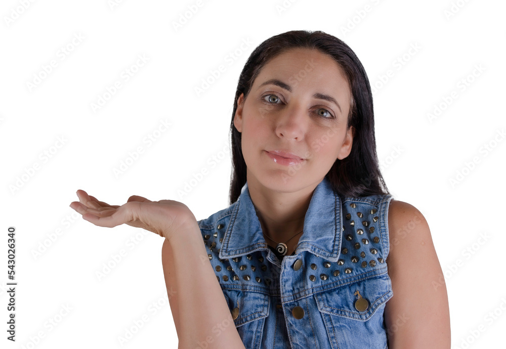 woman wearing a jean vest with brown hair making a guesture 
