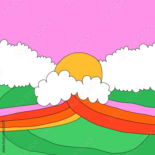 square template for social media. Editable layered photo frame.1970 psychedelic and groovy hippies.Fantasy naive background with rainbow,sky,clouds.90s good vibes.nostalgic publications, 00saesthetics