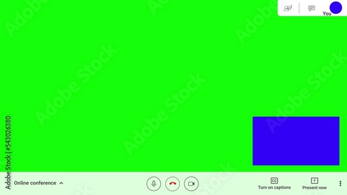 Web interface conference chat of a google meet. Call window mockup for online business. Green screen chroma key. photo