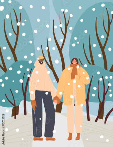 Woman and man wearing warm winter clothes Walking in snowy park or forest. City Dwellers on winter walk. Girl and guy in relationship holding hands. Couple on winter walk. Flat Seasonal illustration