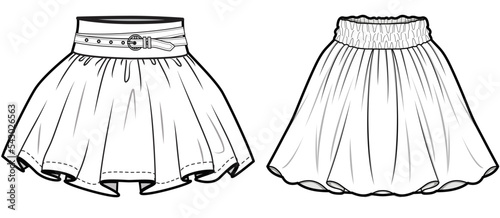 Skater Skirt with Belt, Gathered Waist Circle Short Skirts  Sets Fashion Illustration, Vector, CAD, Technical Drawing, Flat Drawing, Template, Mockup.	